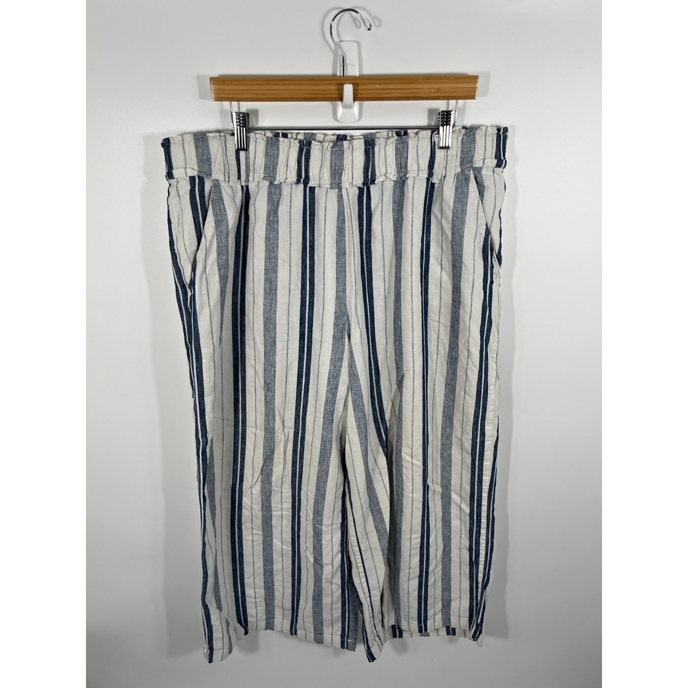 Womens Linen Cotton Blend Wide Leg Pants XL White Blue Stripe Euro Summer Chic